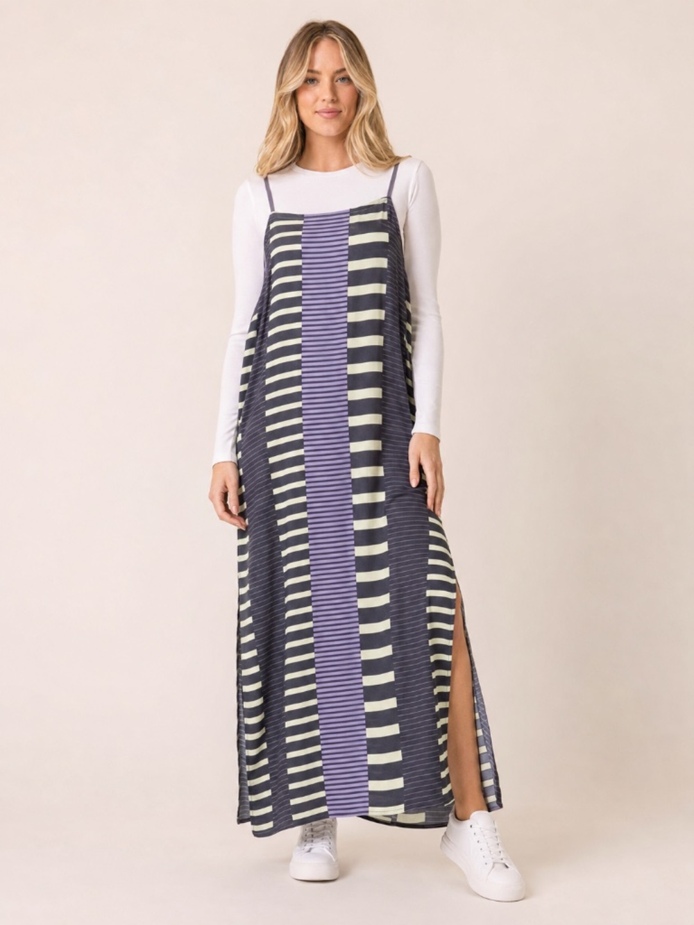 SKFK | Striped Purple Gray Maxi Dress with Side Slits | Size 4